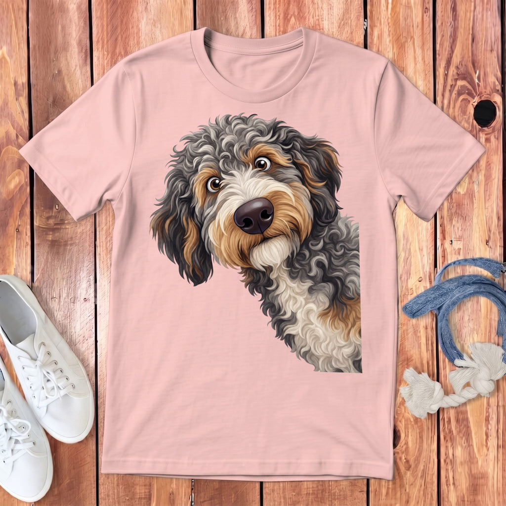 Funny Peeking Aussiedoodle Youth T-Shirt in Pink / S by Puppy Jo