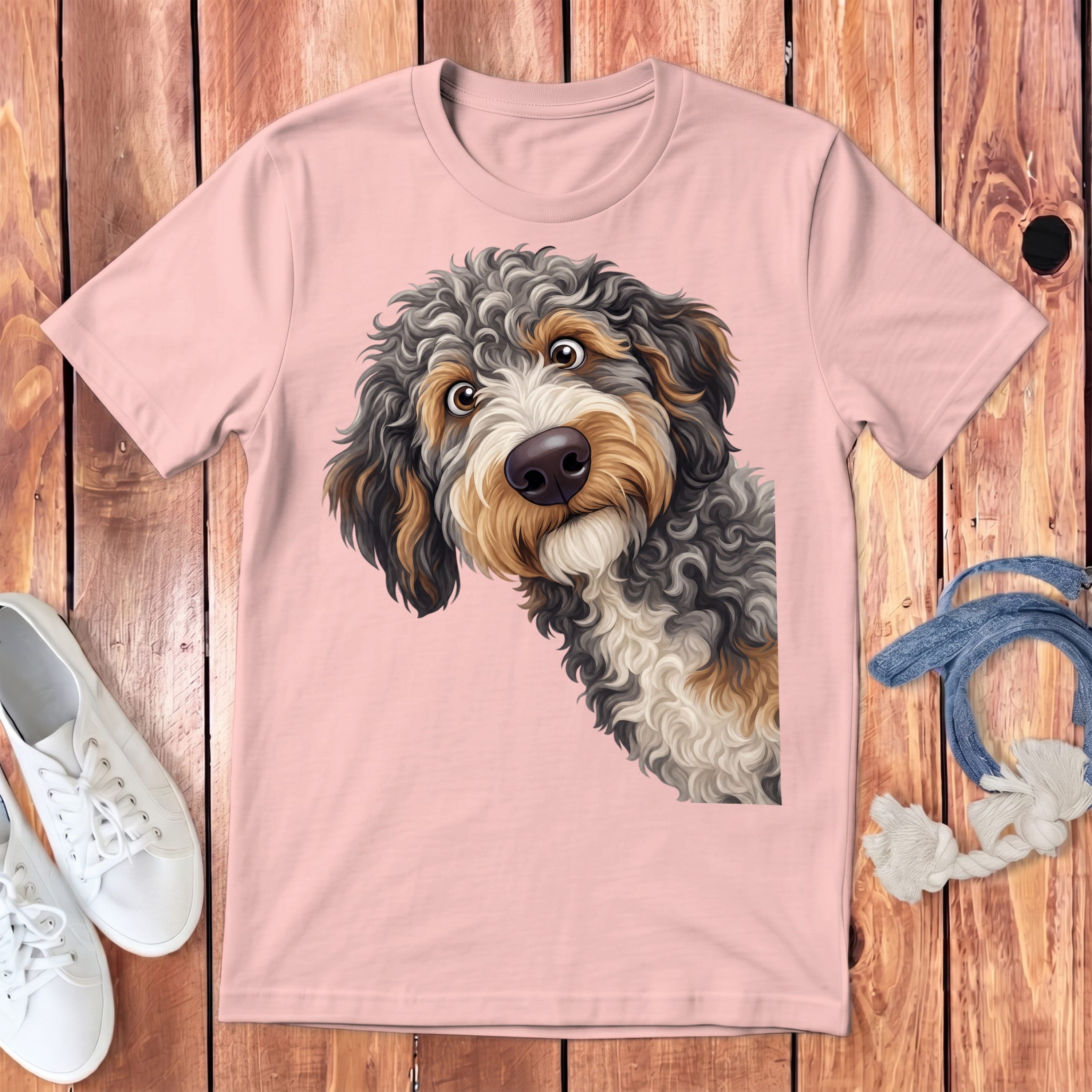Funny Peeking Aussiedoodle Youth T-Shirt in Pink / S by Puppy Jo