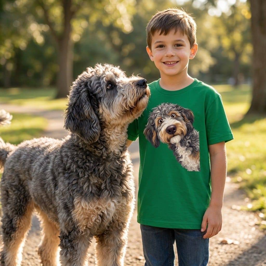 Funny Peeking Aussiedoodle Youth T-Shirt in by Puppy Jo