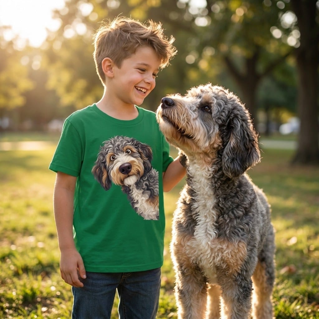 Funny Peeking Aussiedoodle Youth T-Shirt in by Puppy Jo