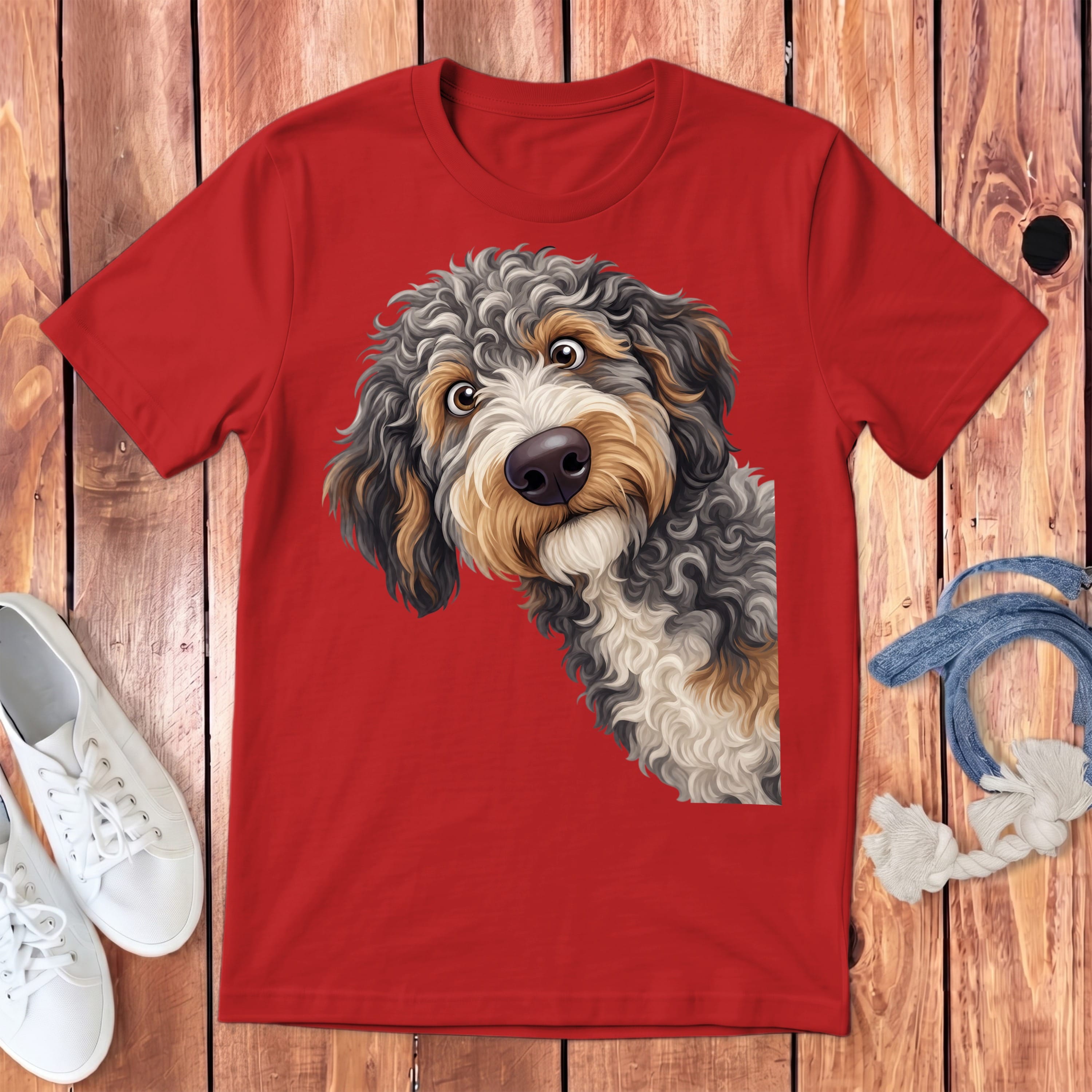 Funny Peeking Aussiedoodle Youth T-Shirt in Red / S by Puppy Jo