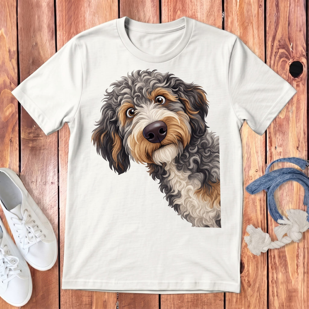 Funny Peeking Aussiedoodle Youth T-Shirt in White / S by Puppy Jo