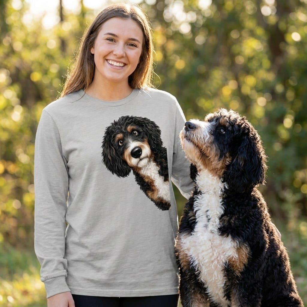 Funny Peeking Bernedoodle Long Sleeve T-Shirt in by Puppy Jo