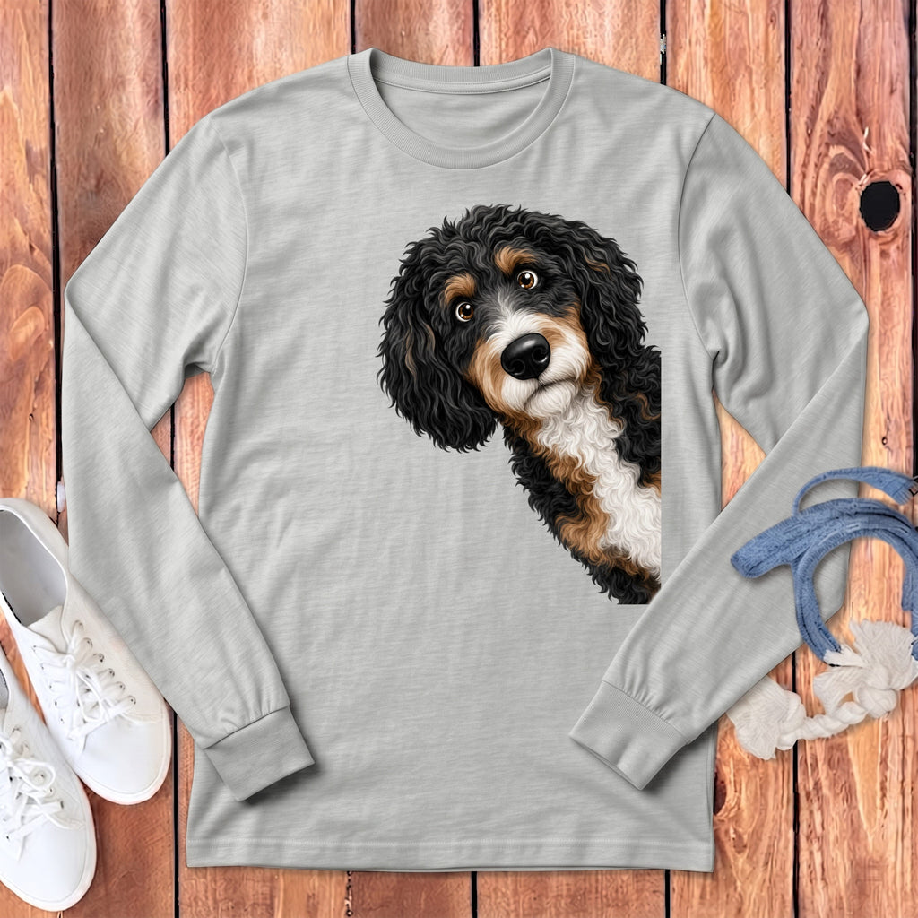Funny Peeking Bernedoodle Long Sleeve T-Shirt in S / Athletic Heather by Puppy Jo