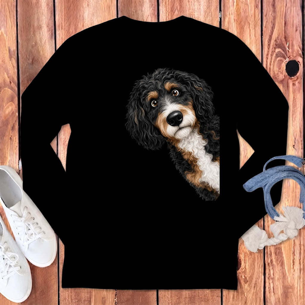 Funny Peeking Bernedoodle Long Sleeve T-Shirt in S / Black by Puppy Jo