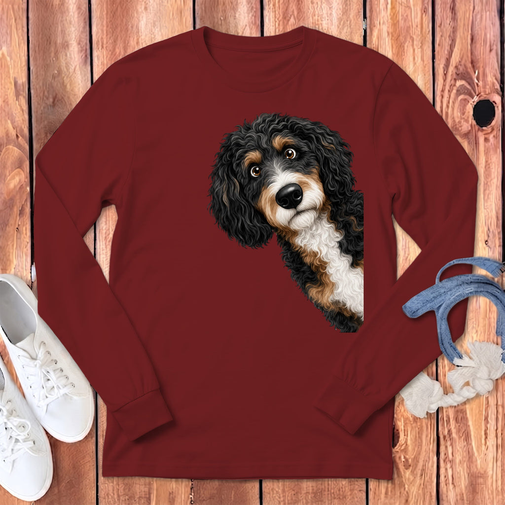 Funny Peeking Bernedoodle Long Sleeve T-Shirt in S / Cardinal by Puppy Jo
