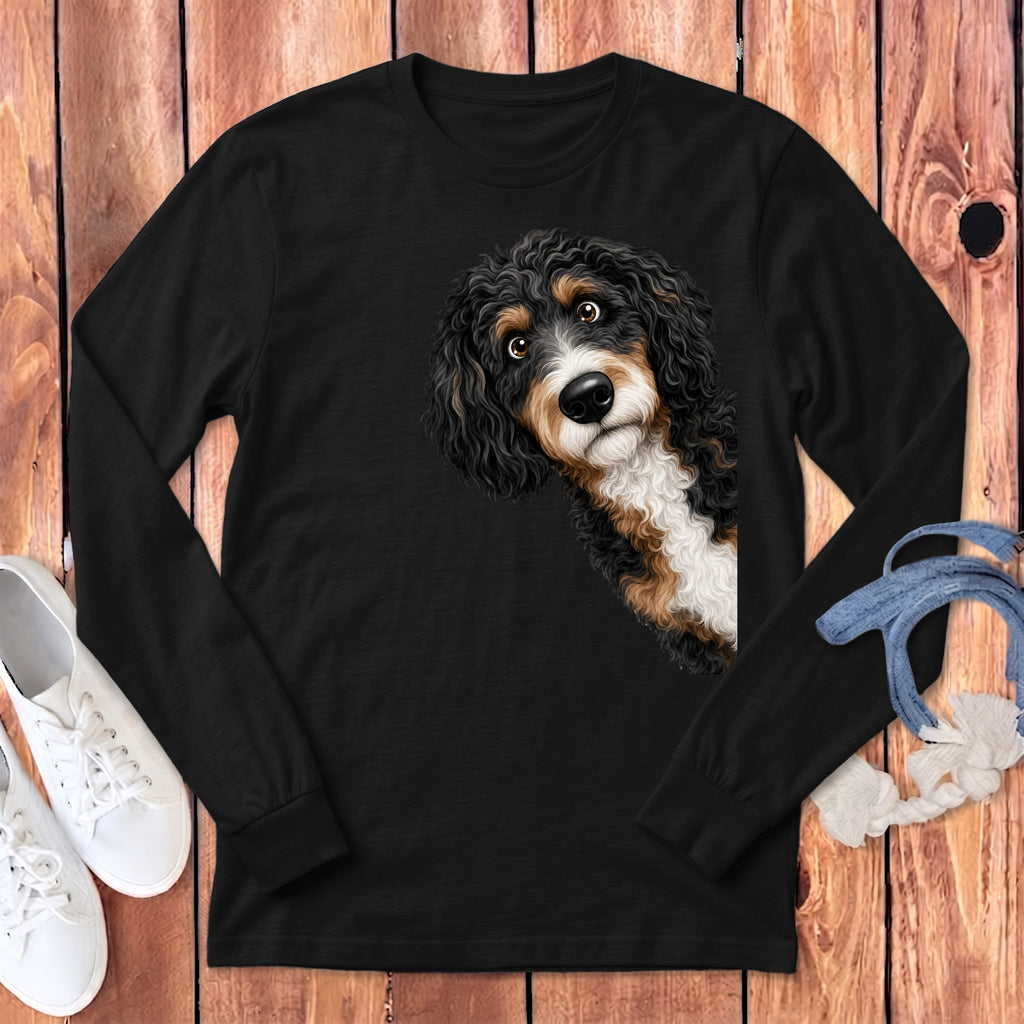 Funny Peeking Bernedoodle Long Sleeve T-Shirt in S / Dark Grey Heather by Puppy Jo