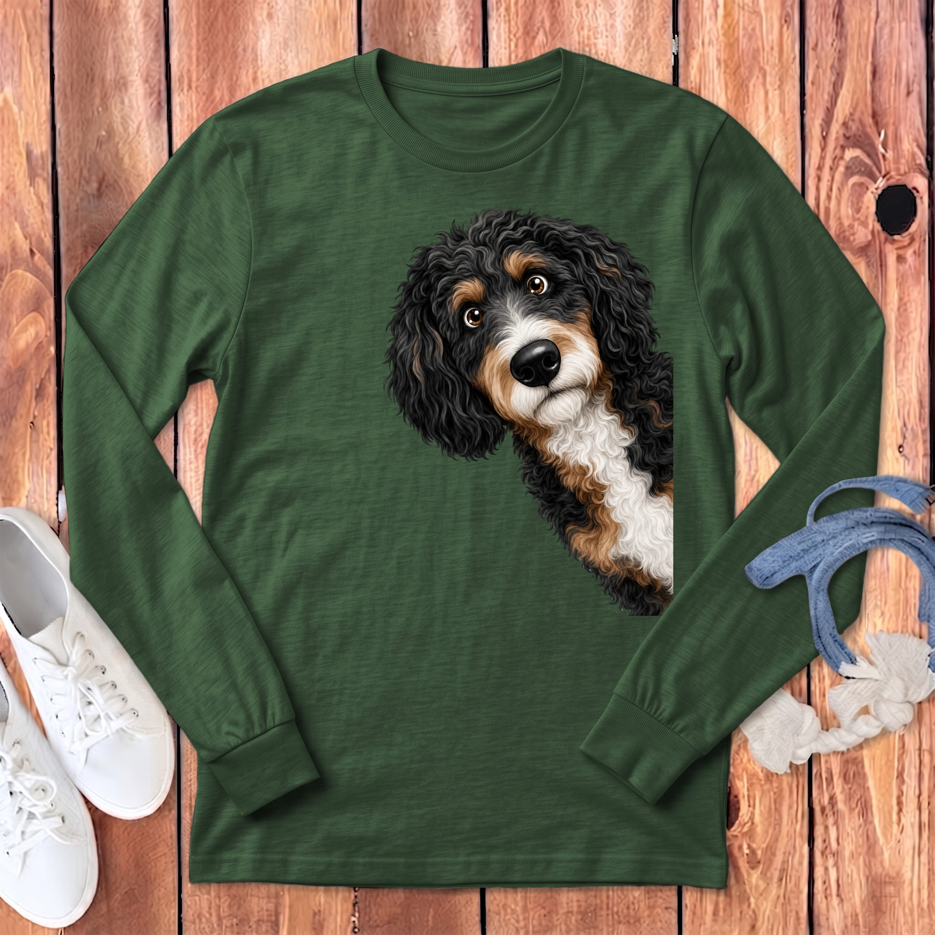 Funny Peeking Bernedoodle Long Sleeve T-Shirt in S / Heather Forest by Puppy Jo