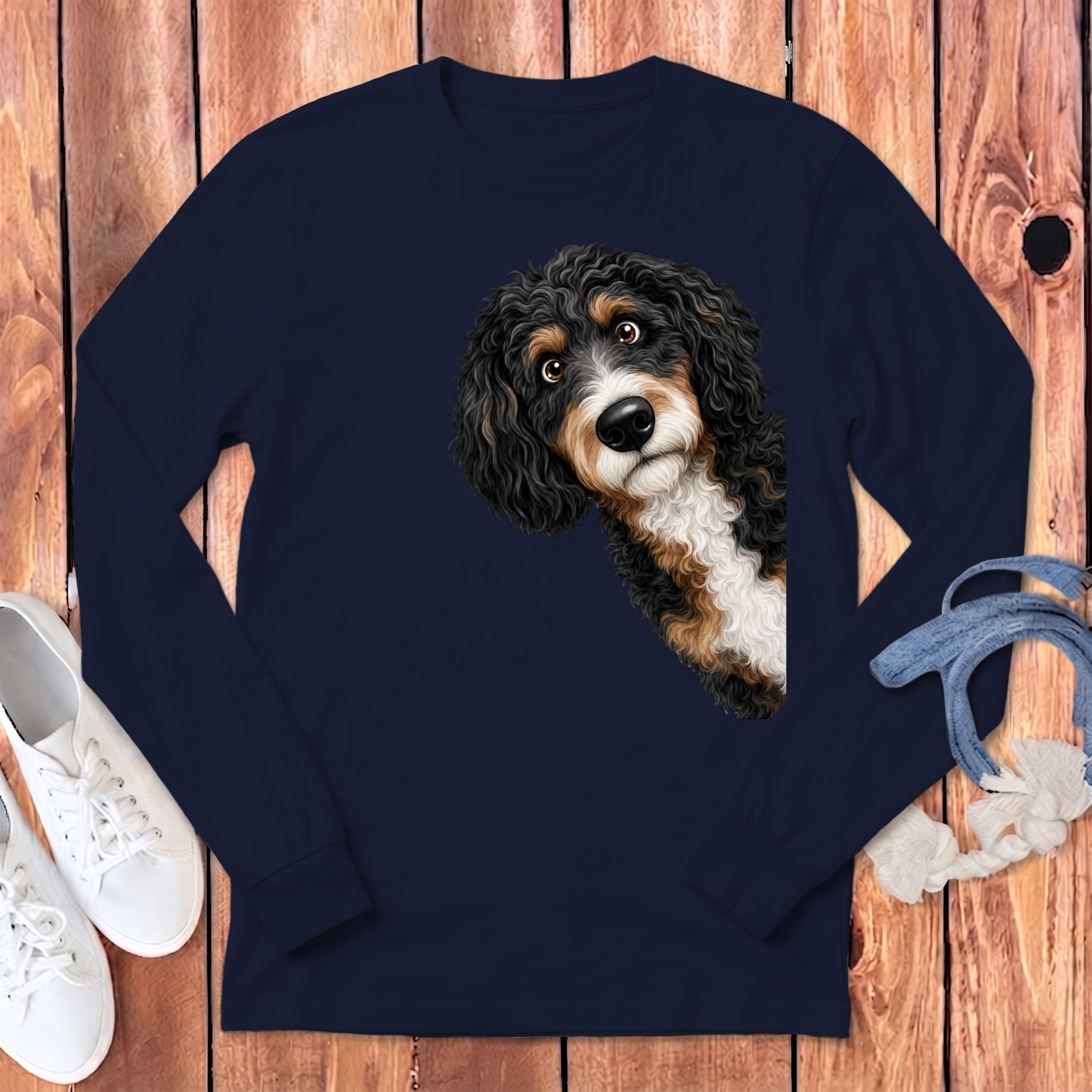 Funny Peeking Bernedoodle Long Sleeve T-Shirt in S / Navy by Puppy Jo