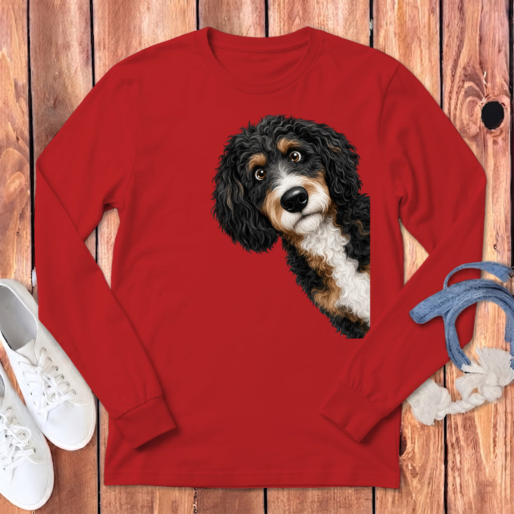 Funny Peeking Bernedoodle Long Sleeve T-Shirt in S / Red by Puppy Jo