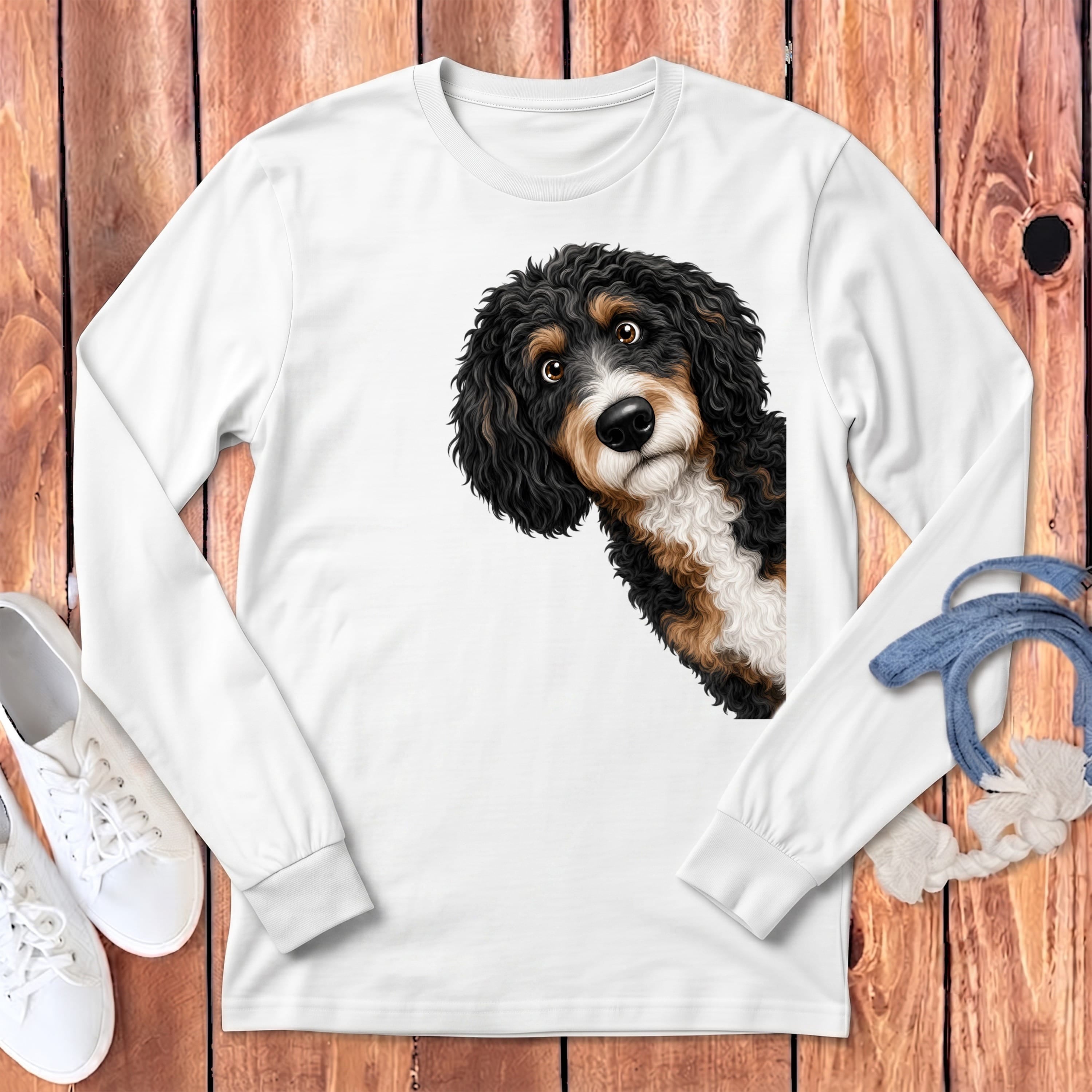 Funny Peeking Bernedoodle Long Sleeve T-Shirt in S / White by Puppy Jo