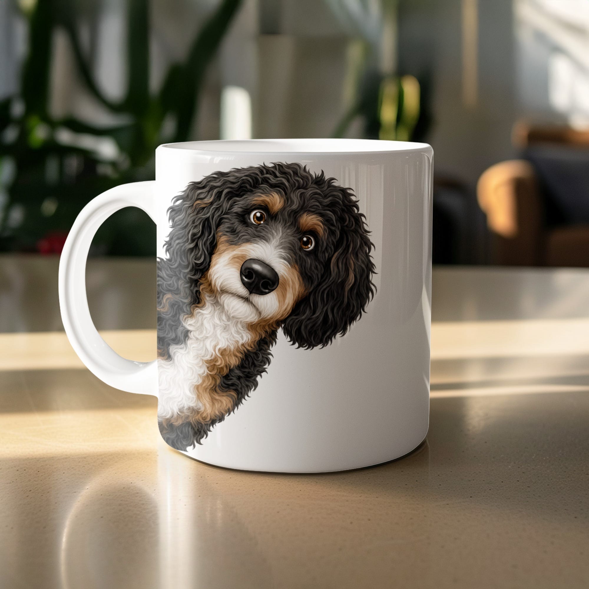 Funny Peeking Bernedoodle Mug in by Puppy Jo