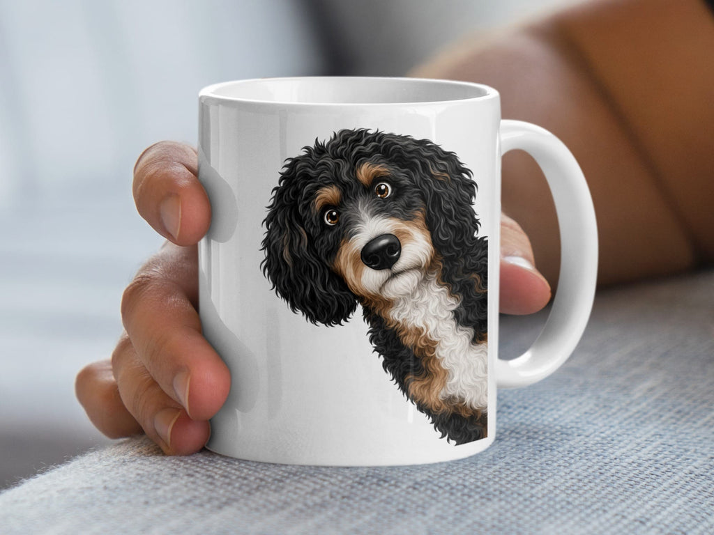 Funny Peeking Bernedoodle Mug in by Puppy Jo