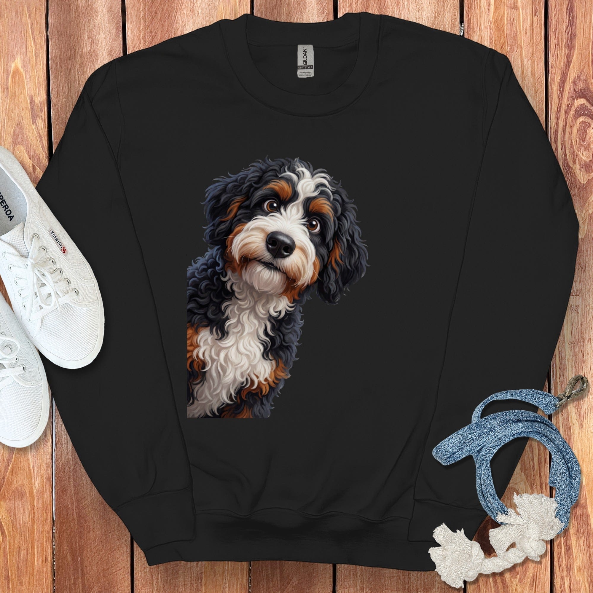 Funny Peeking Bernedoodle Sweatshirt in Black / S by Puppy Jo