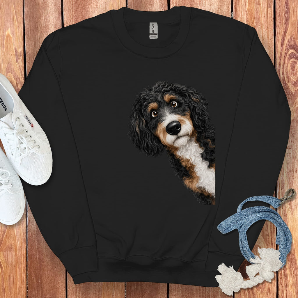 Funny Peeking Bernedoodle Sweatshirt in Black / S by Puppy Jo