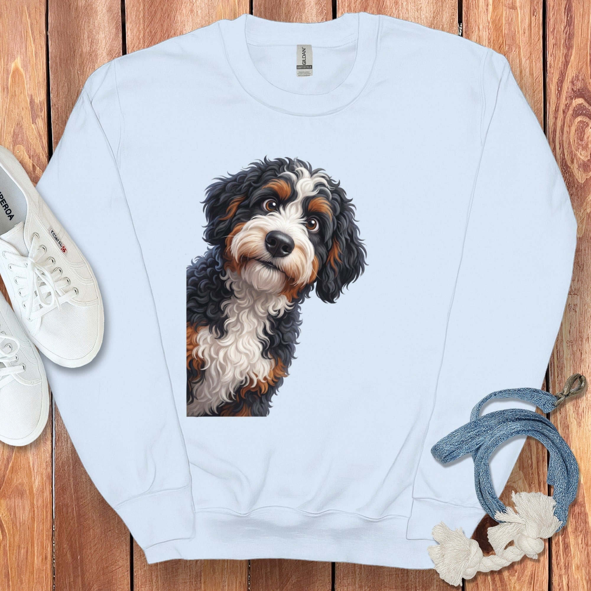 Funny Peeking Bernedoodle Sweatshirt in Light Blue / S by Puppy Jo
