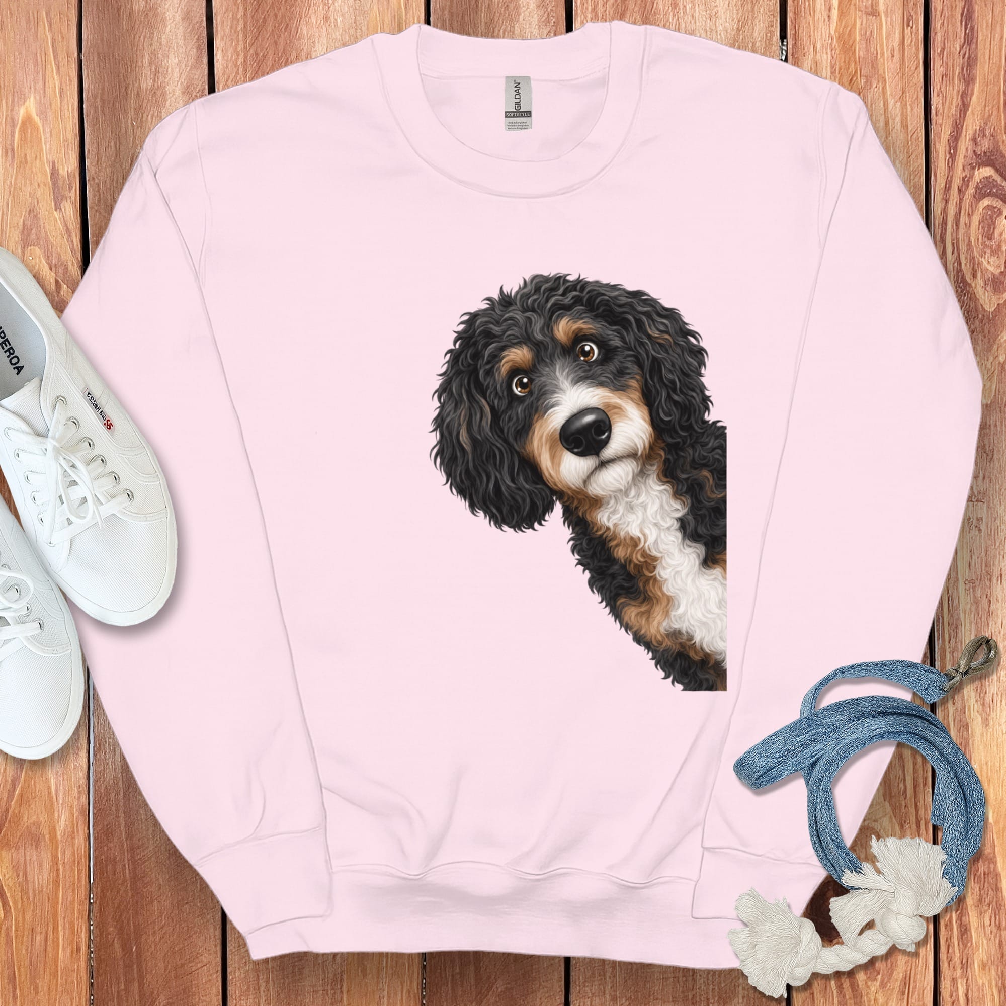 Funny Peeking Bernedoodle Sweatshirt in Light Pink / S by Puppy Jo