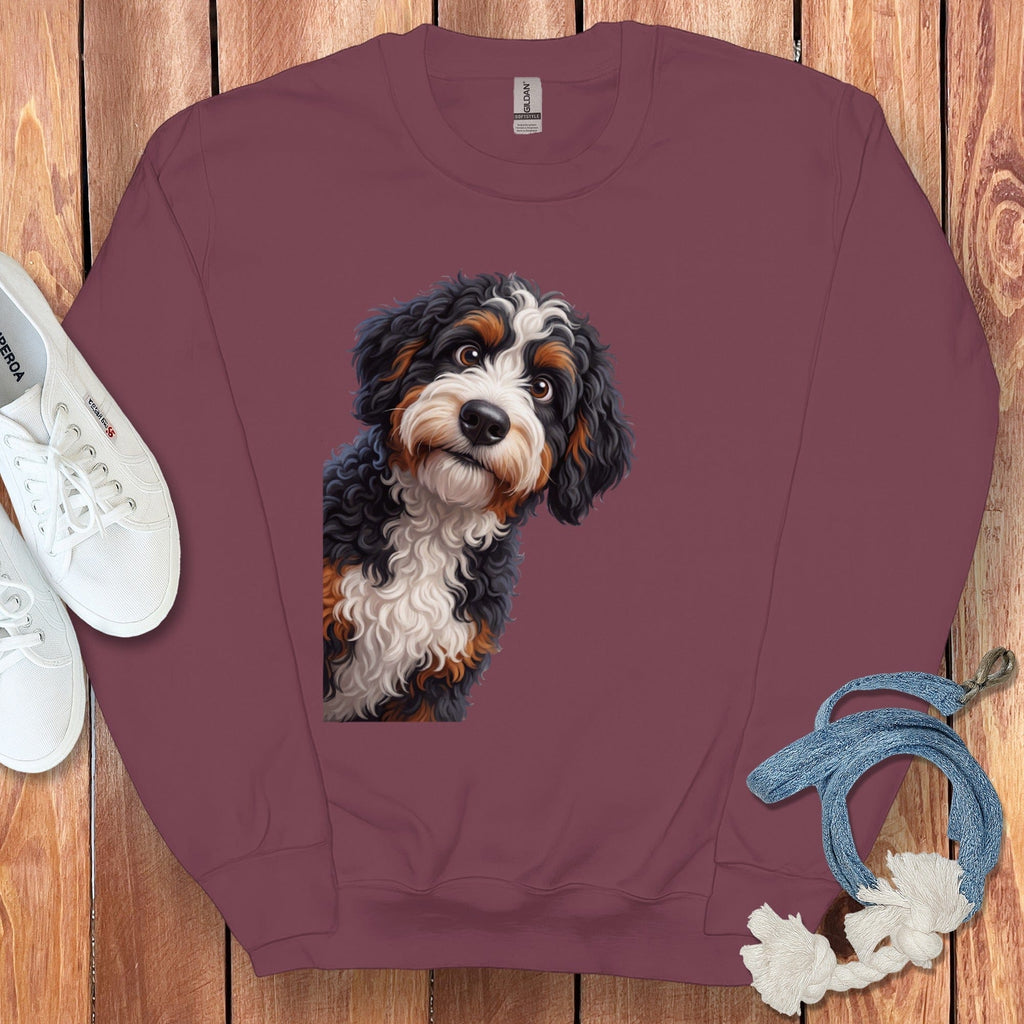 Funny Peeking Bernedoodle Sweatshirt in Maroon / S by Puppy Jo