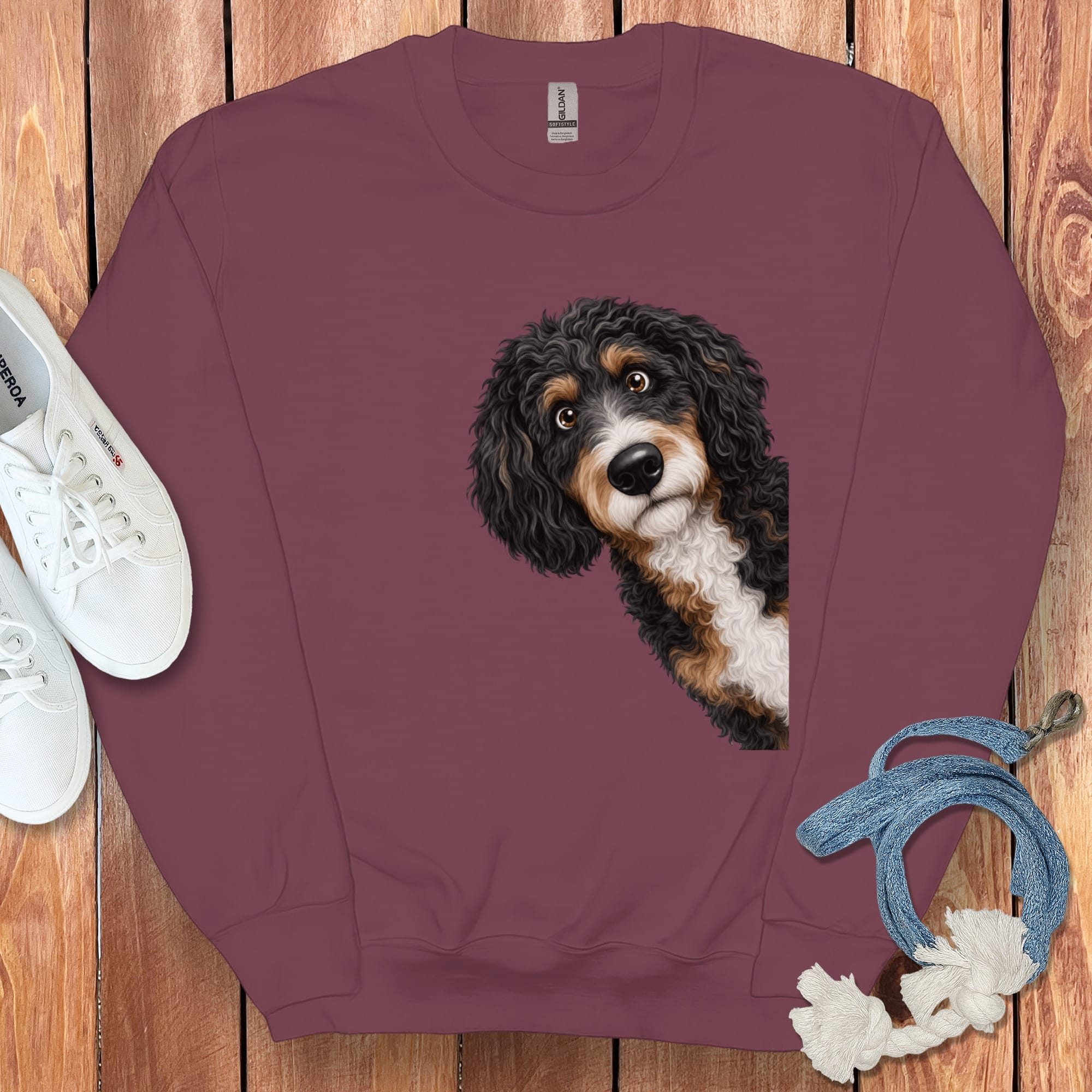 Funny Peeking Bernedoodle Sweatshirt in Maroon / S by Puppy Jo