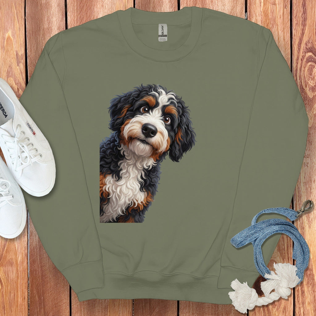 Funny Peeking Bernedoodle Sweatshirt in Military Green / S by Puppy Jo