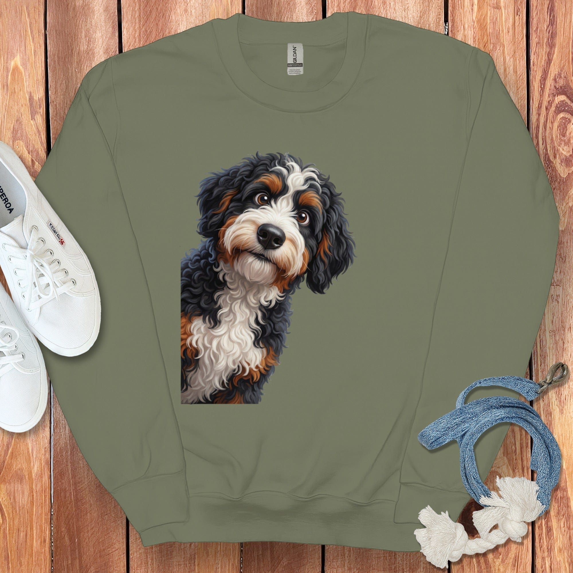 Funny Peeking Bernedoodle Sweatshirt in Military Green / S by Puppy Jo