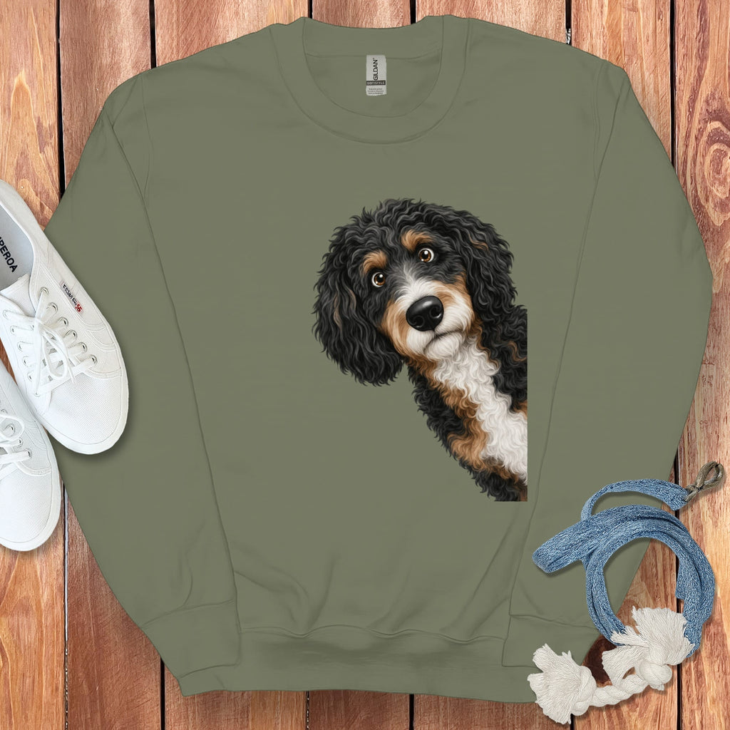 Funny Peeking Bernedoodle Sweatshirt in Military Green / S by Puppy Jo