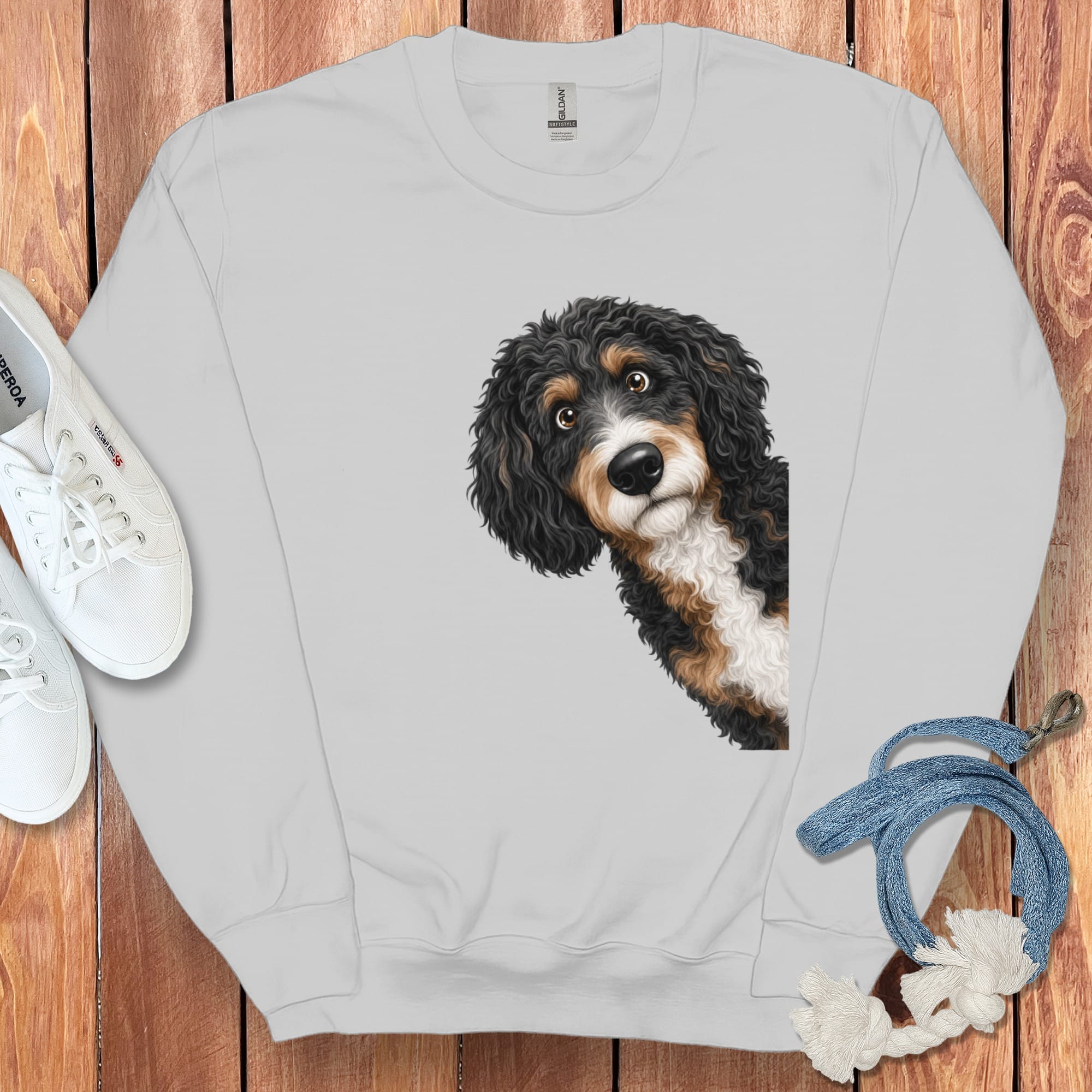 Funny Peeking Bernedoodle Sweatshirt in by Puppy Jo
