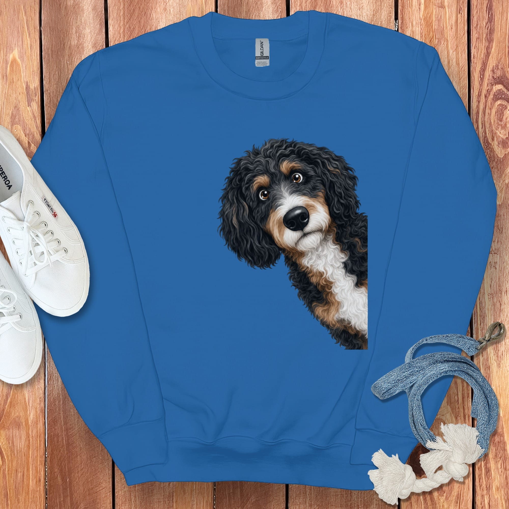 Funny Peeking Bernedoodle Sweatshirt in Royal / S by Puppy Jo
