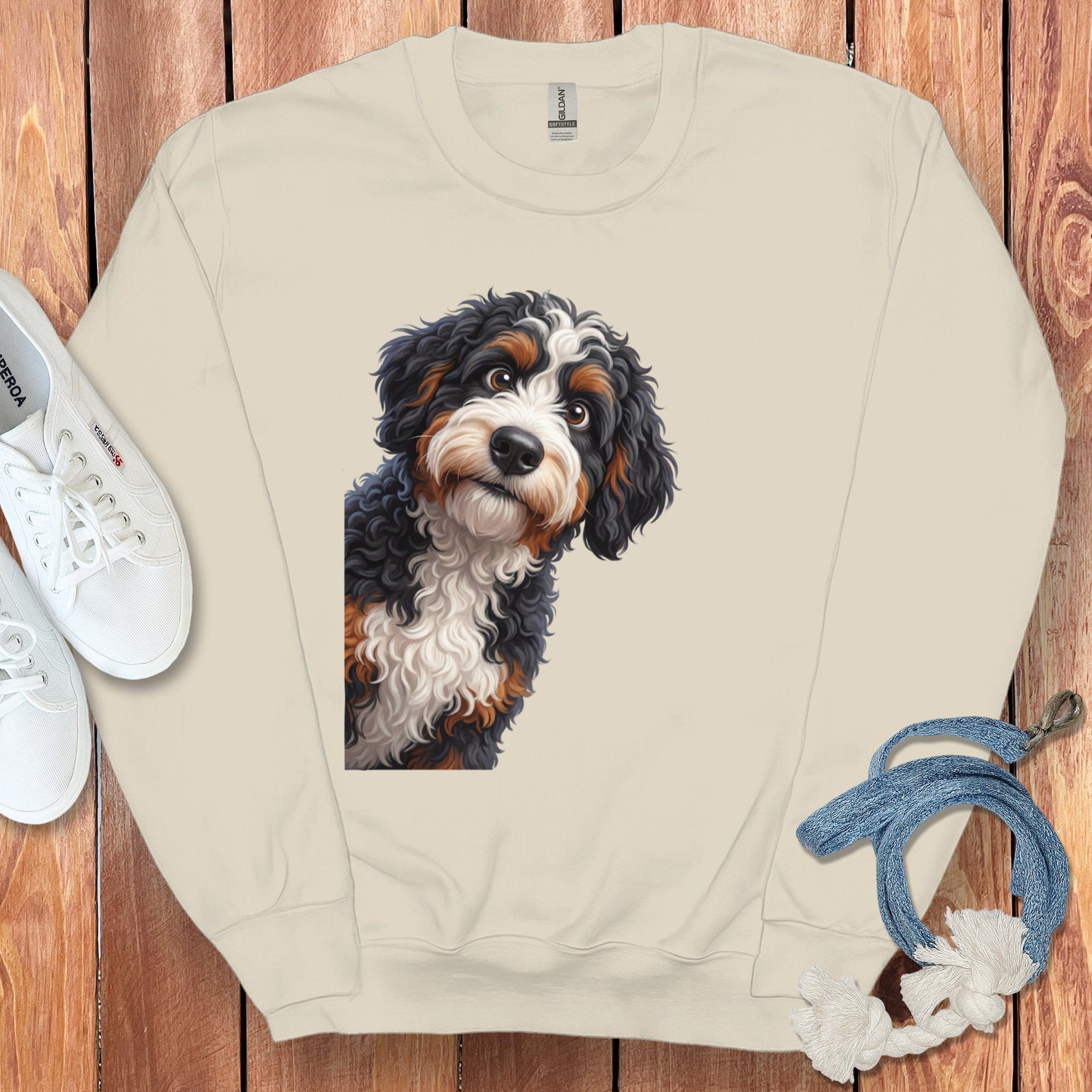 Funny Peeking Bernedoodle Sweatshirt in Sand / S by Puppy Jo