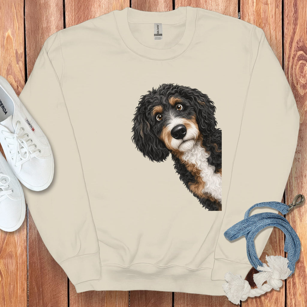 Funny Peeking Bernedoodle Sweatshirt in Sand / S by Puppy Jo
