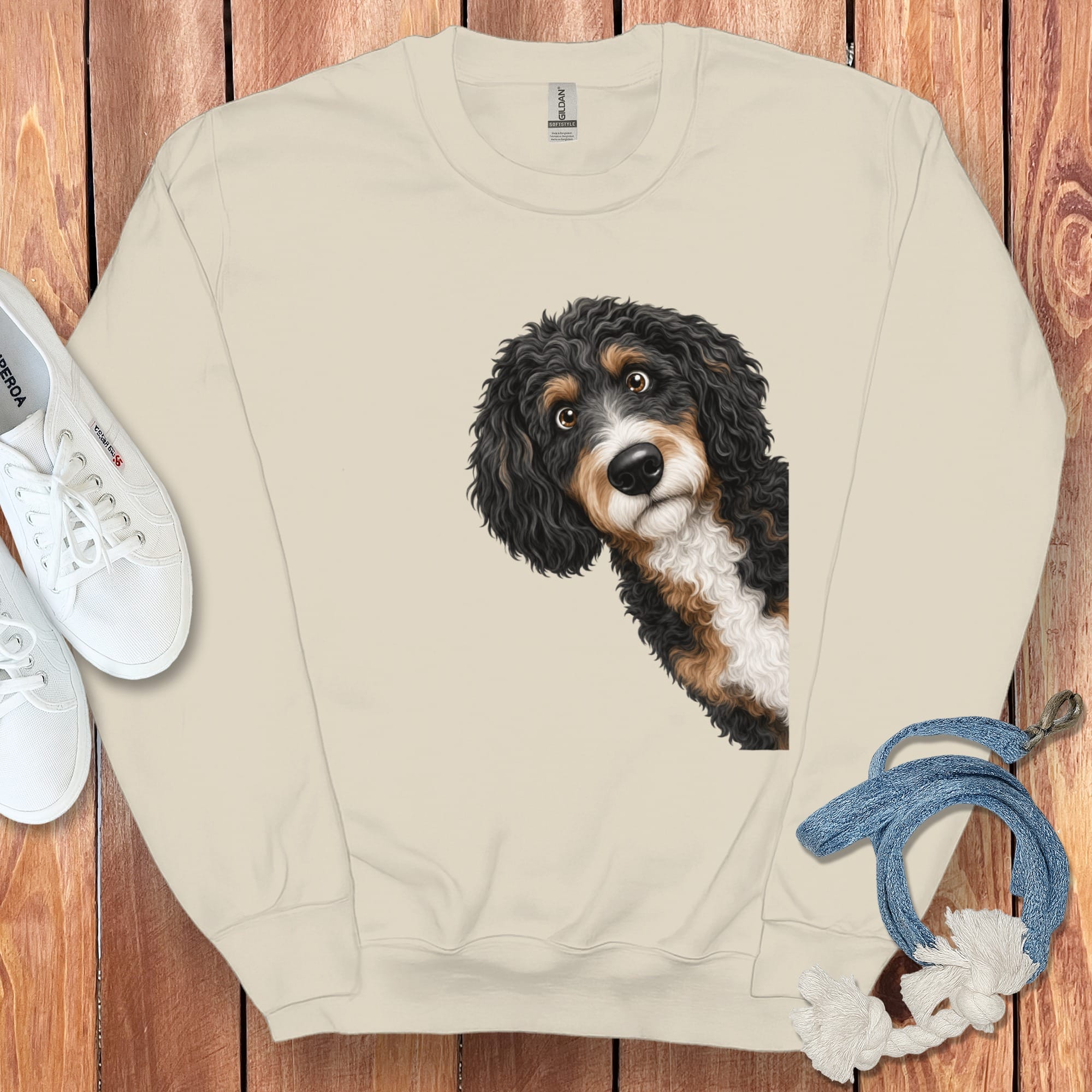 Funny Peeking Bernedoodle Sweatshirt in Sand / S by Puppy Jo