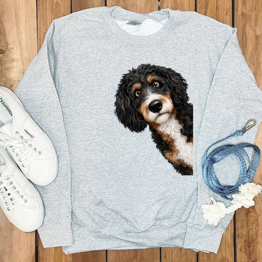 Funny Peeking Bernedoodle Sweatshirt in Sport Grey / S by Puppy Jo