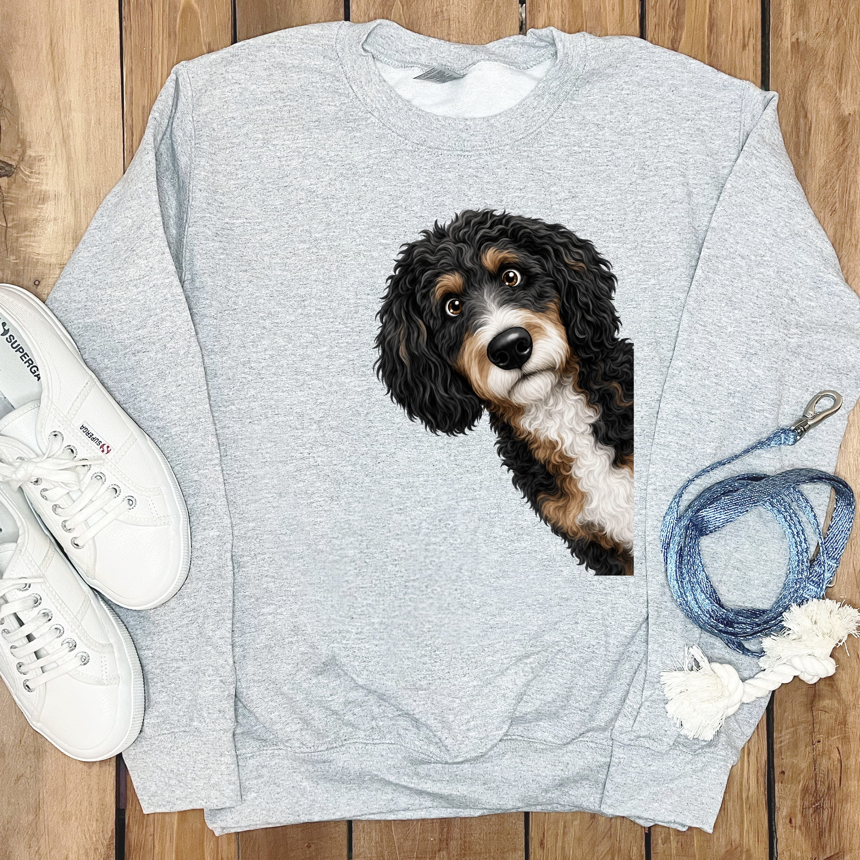 Funny Peeking Bernedoodle Sweatshirt in Sport Grey / S by Puppy Jo