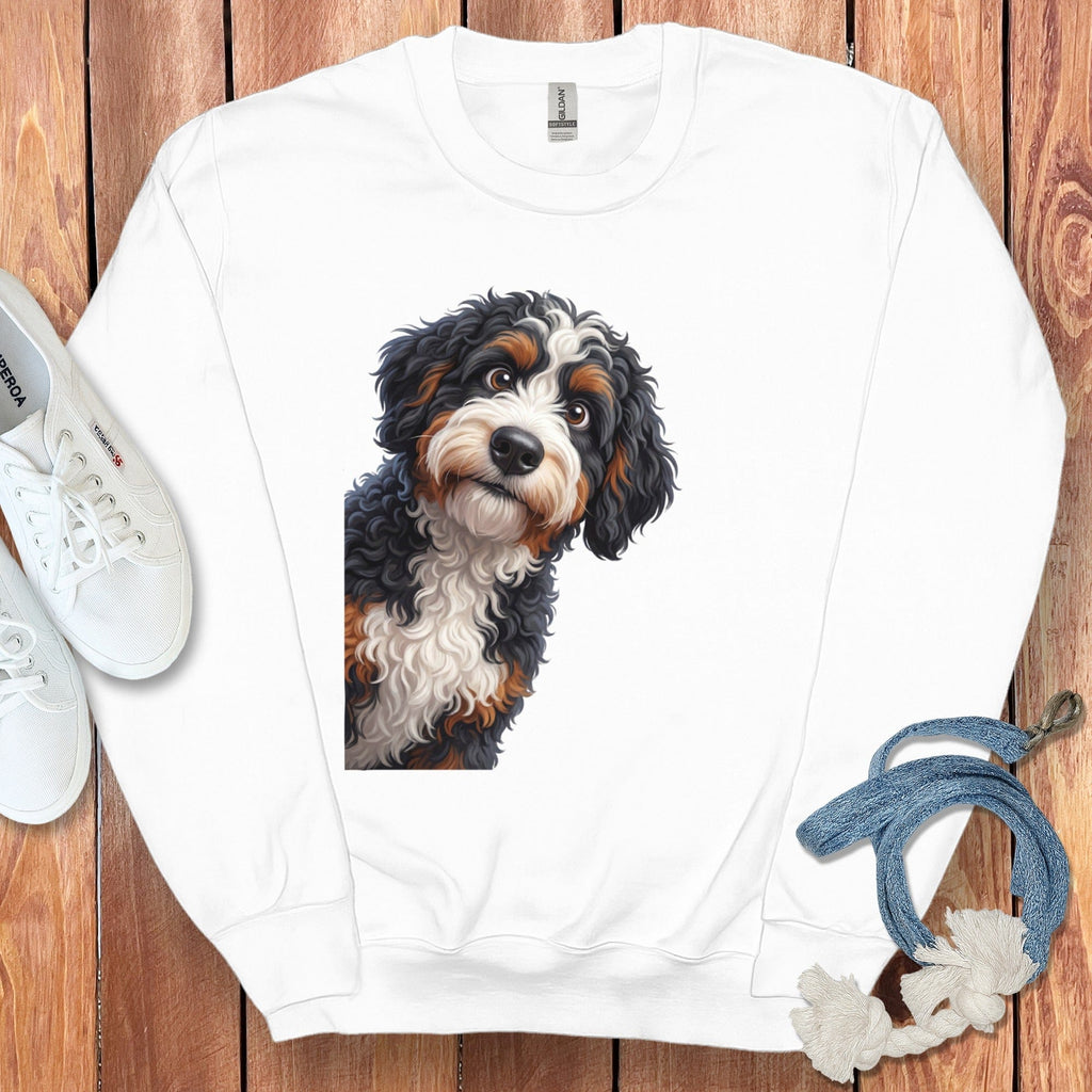 Funny Peeking Bernedoodle Sweatshirt in White / S by Puppy Jo
