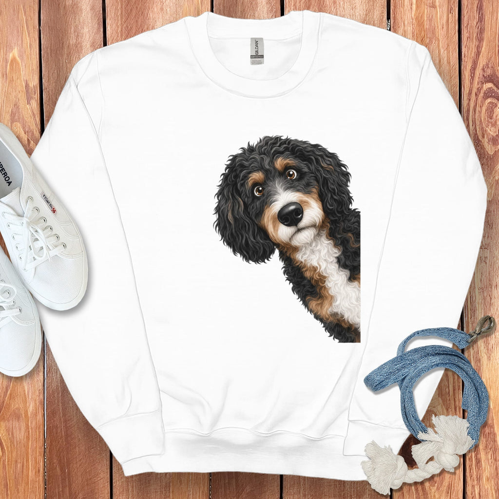 Funny Peeking Bernedoodle Sweatshirt in White / S by Puppy Jo