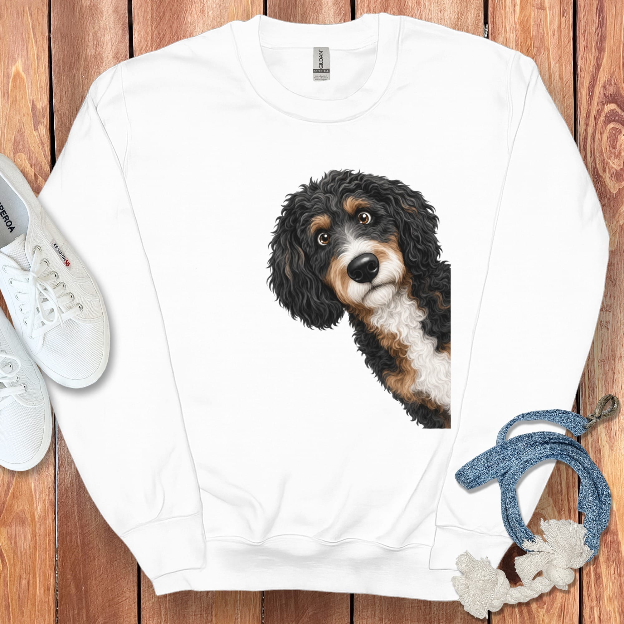 Funny Peeking Bernedoodle Sweatshirt in White / S by Puppy Jo