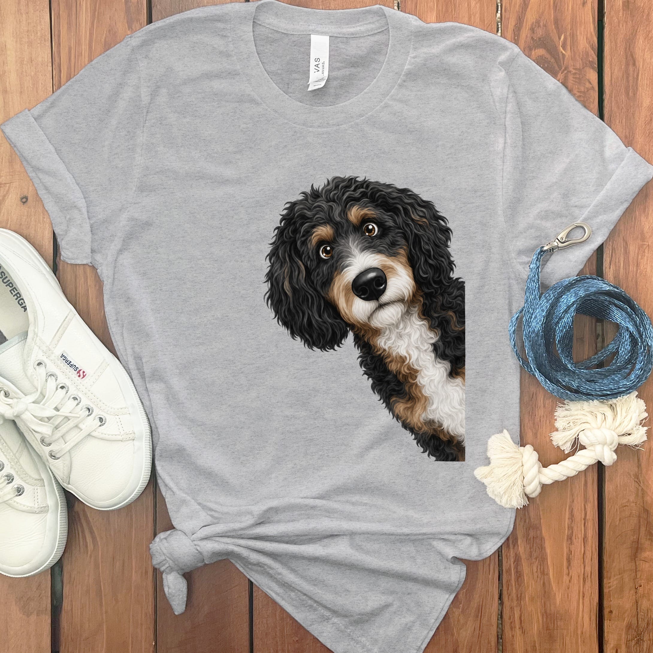 Funny Peeking Bernedoodle T-Shirt in Athletic Heather / S by Puppy Jo