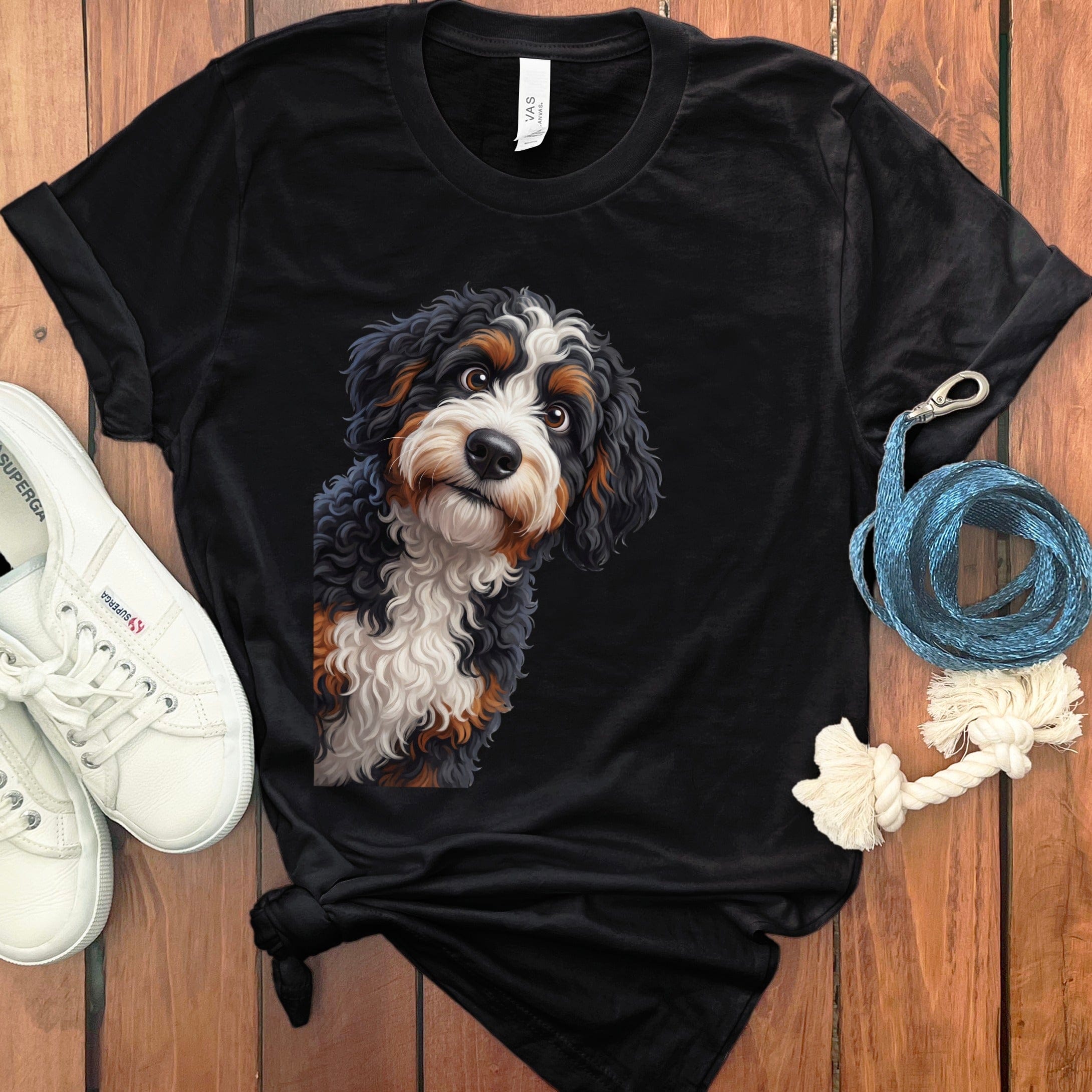 Funny Peeking Bernedoodle T-Shirt in Black / S by Puppy Jo