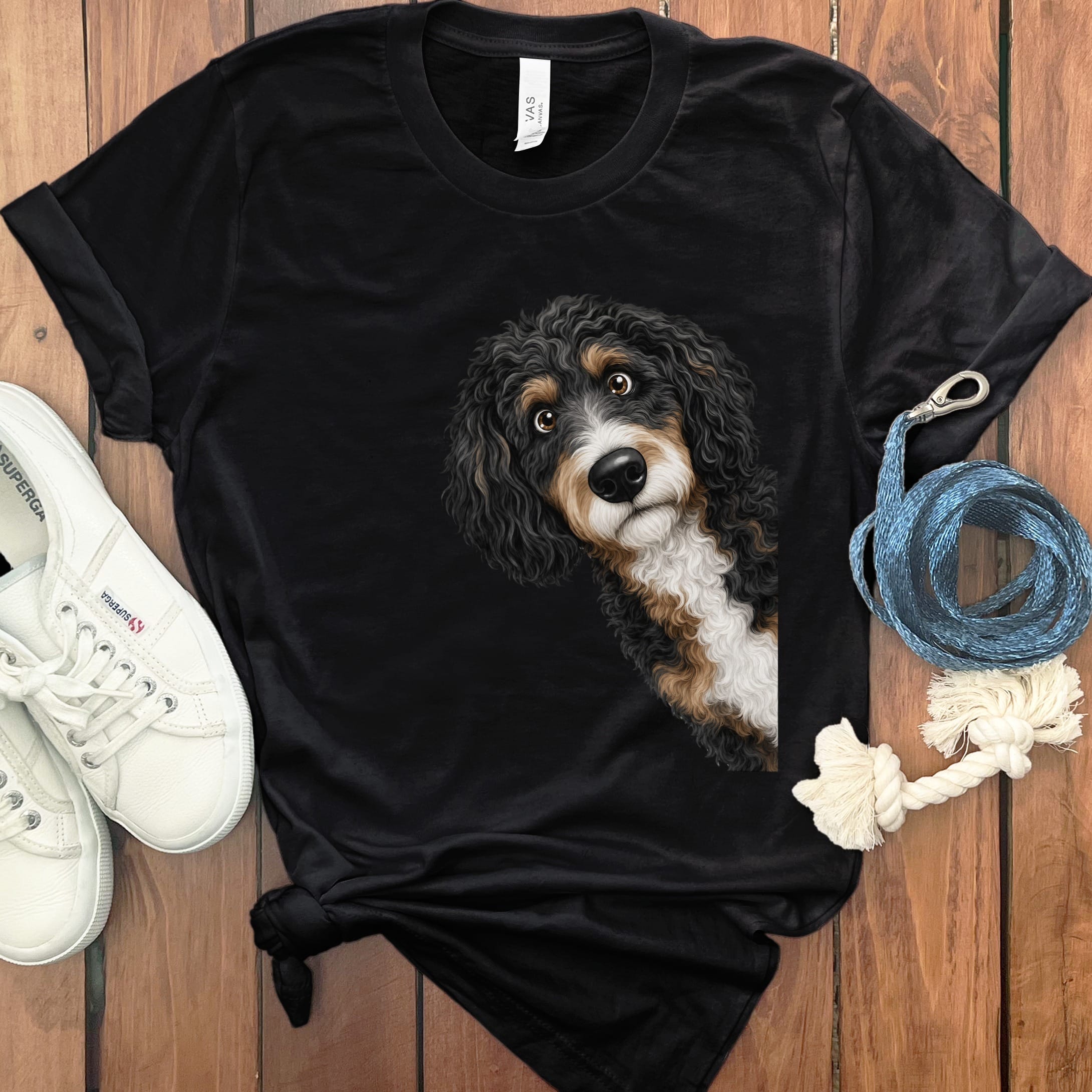 Funny Peeking Bernedoodle T-Shirt in Black / S by Puppy Jo