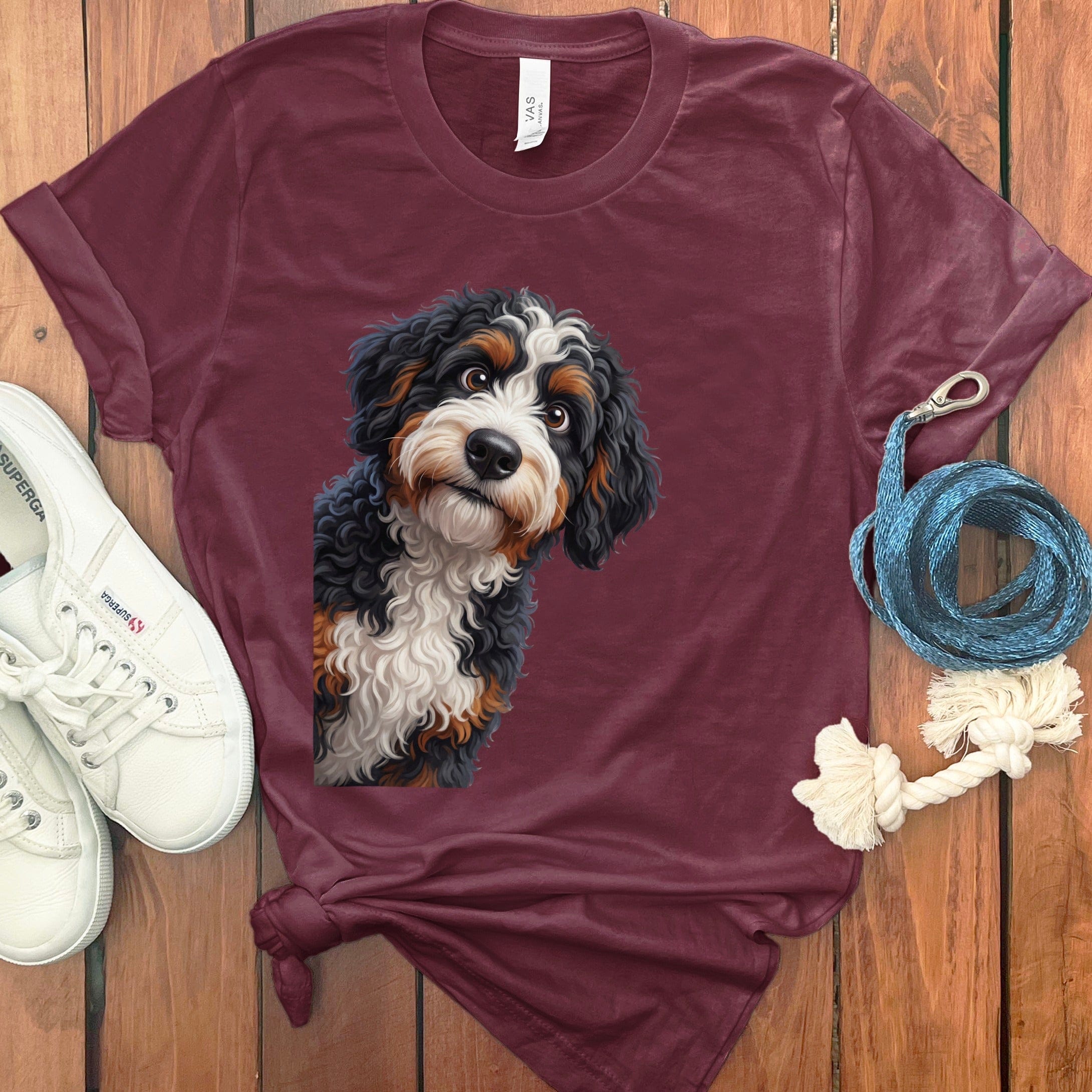 Funny Peeking Bernedoodle T-Shirt in Maroon / S by Puppy Jo