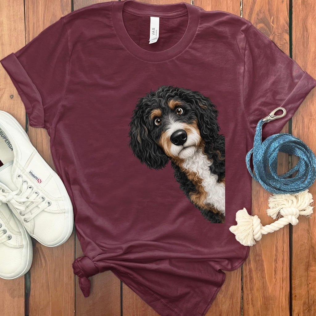 Funny Peeking Bernedoodle T-Shirt in Maroon / S by Puppy Jo