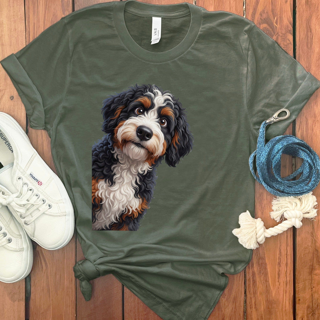 Funny Peeking Bernedoodle T-Shirt in Military Green / S by Puppy Jo