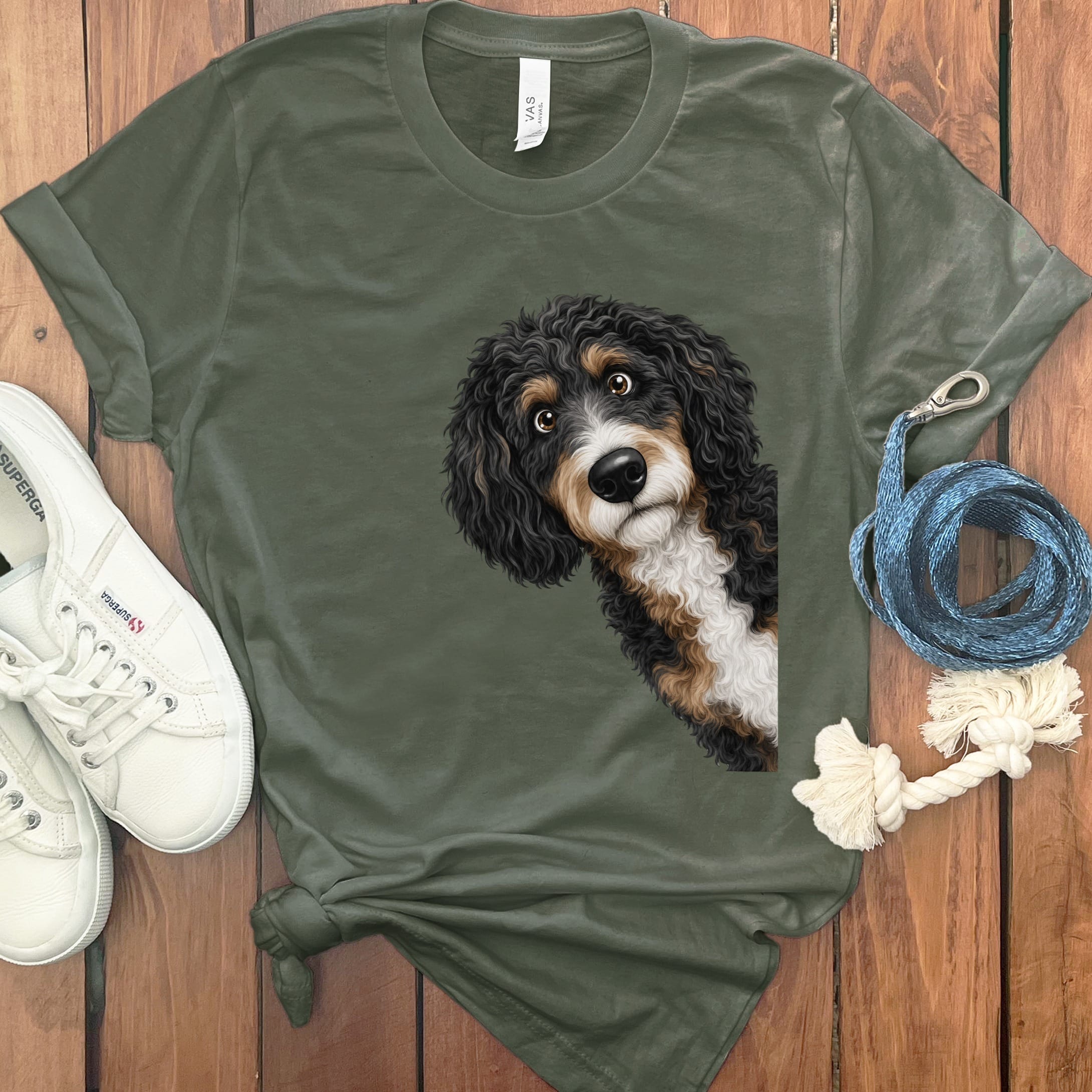 Funny Peeking Bernedoodle T-Shirt in Military Green / S by Puppy Jo