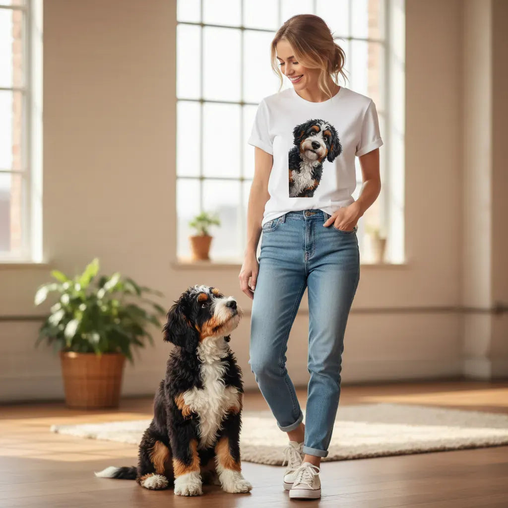 Funny Peeking Bernedoodle T-Shirt in by Puppy Jo