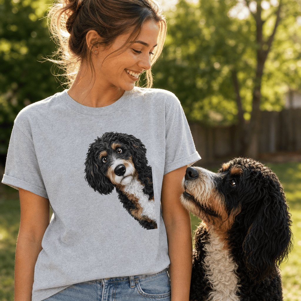 Funny Peeking Bernedoodle T-Shirt in by Puppy Jo
