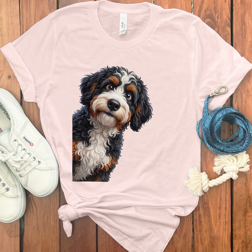 Funny Peeking Bernedoodle T-Shirt in Soft Pink / S by Puppy Jo