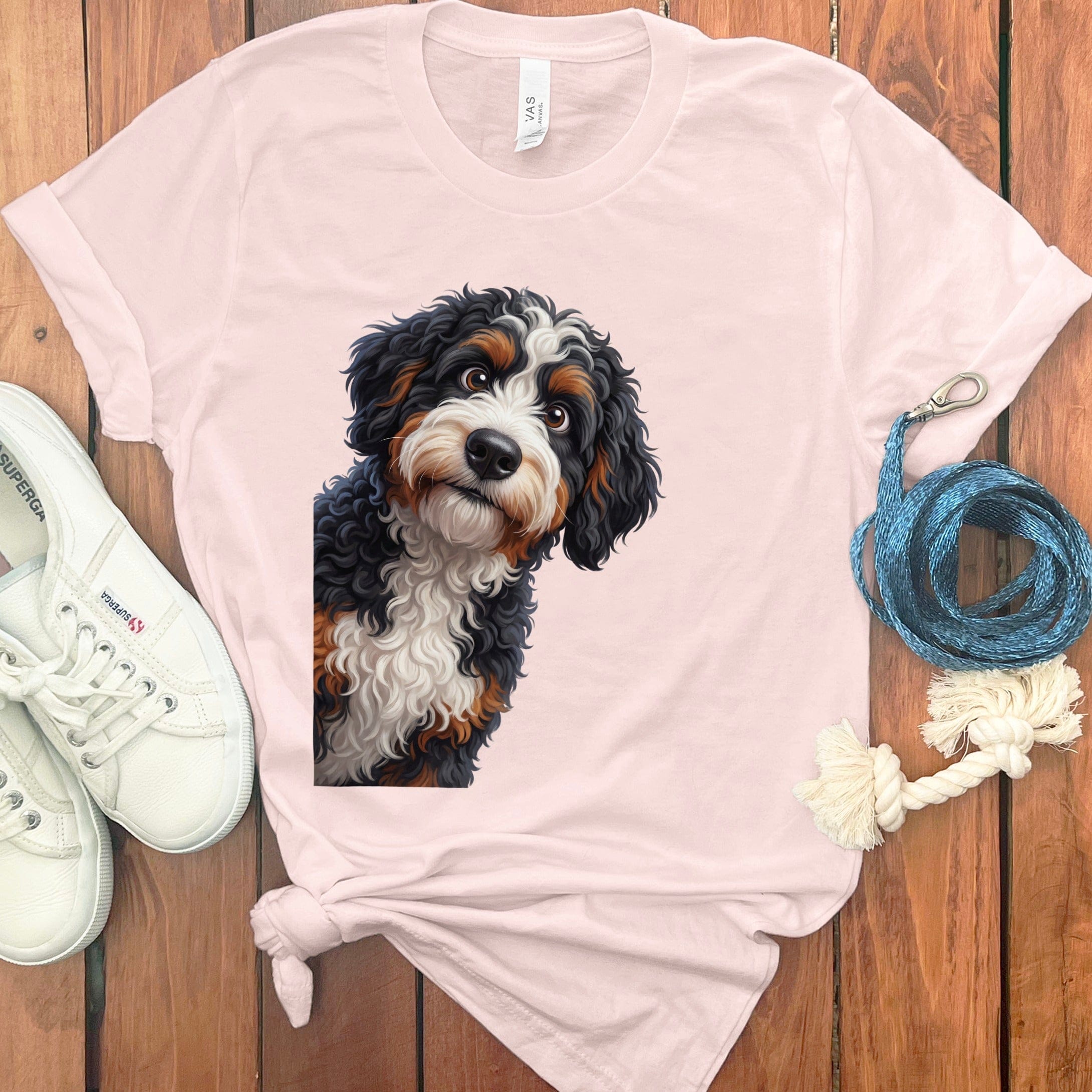 Funny Peeking Bernedoodle T-Shirt in Soft Pink / S by Puppy Jo