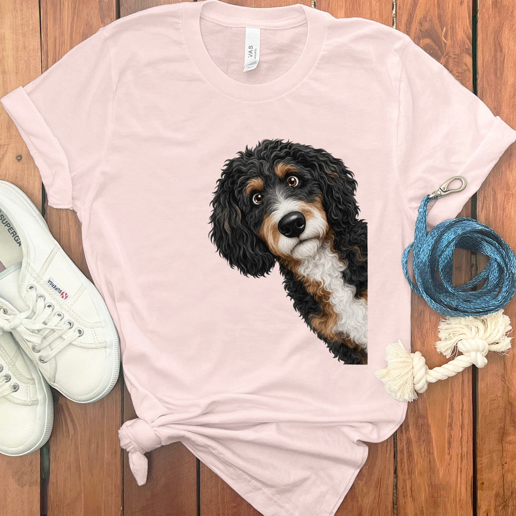 Funny Peeking Bernedoodle T-Shirt in Soft Pink / S by Puppy Jo