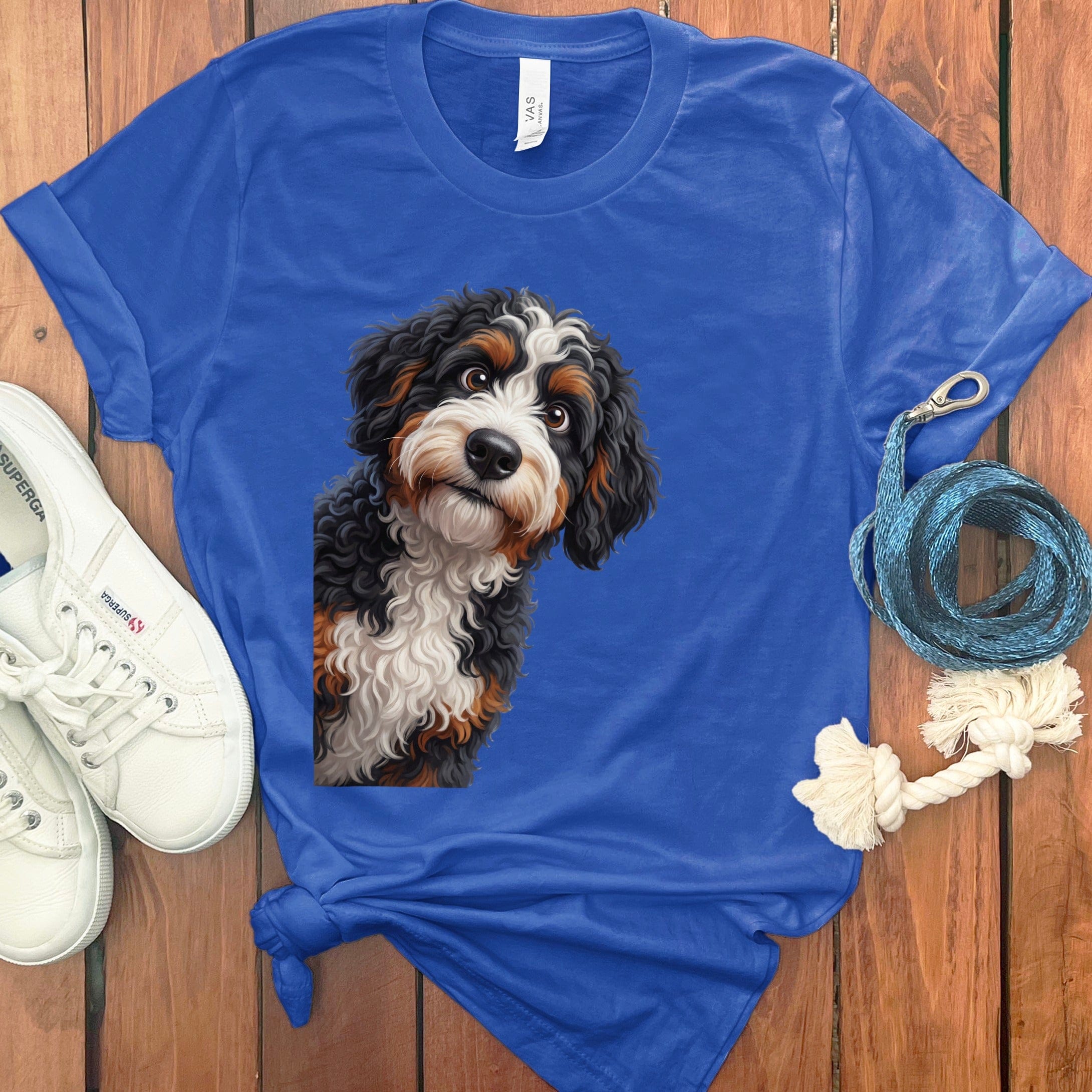 Funny Peeking Bernedoodle T-Shirt in True Royal / S by Puppy Jo