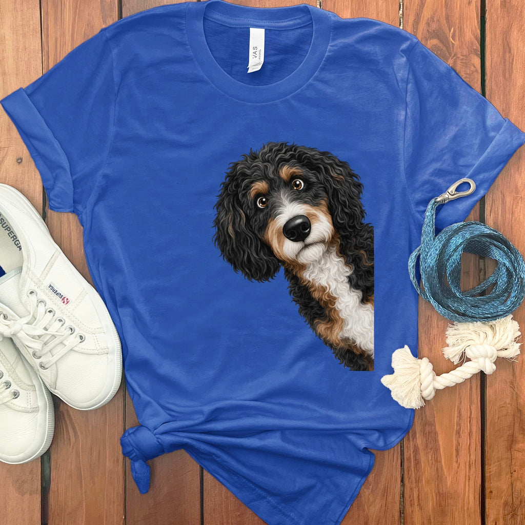 Funny Peeking Bernedoodle T-Shirt in True Royal / S by Puppy Jo